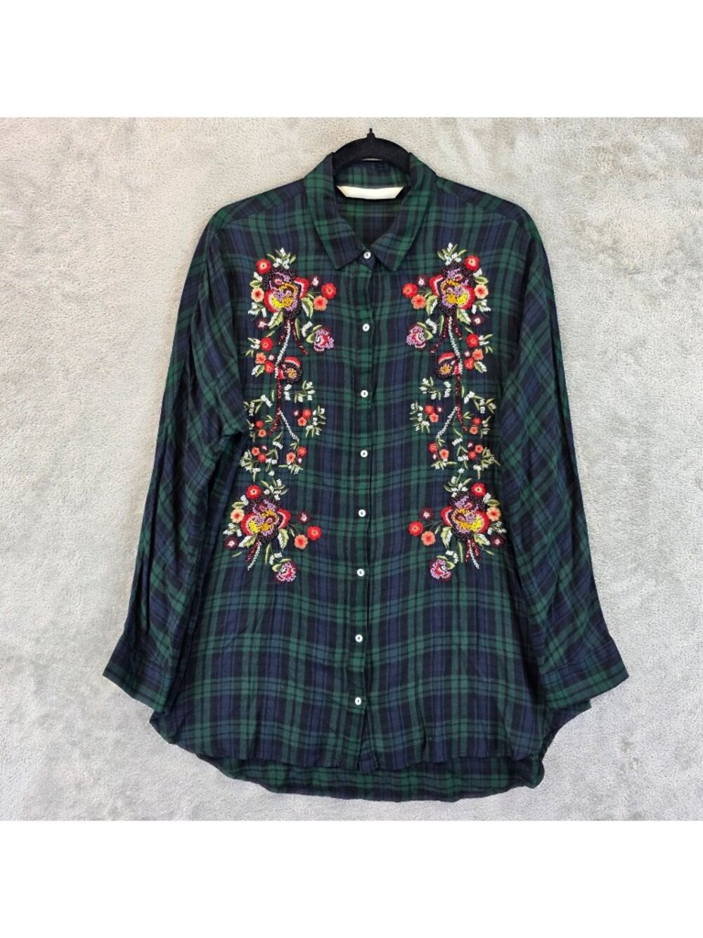 Zara Button Up Shirt Womens S Green Plaid Floral Embroidered Flannel Tunic Top